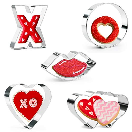 KAISHANE Valentines Day Cookie Cutter Set  Lips Double Heart Heart Letter X Letter O  5 Pieces Wedding Valentine Day Fondant Pastry Baking Cookie Cutter Set
