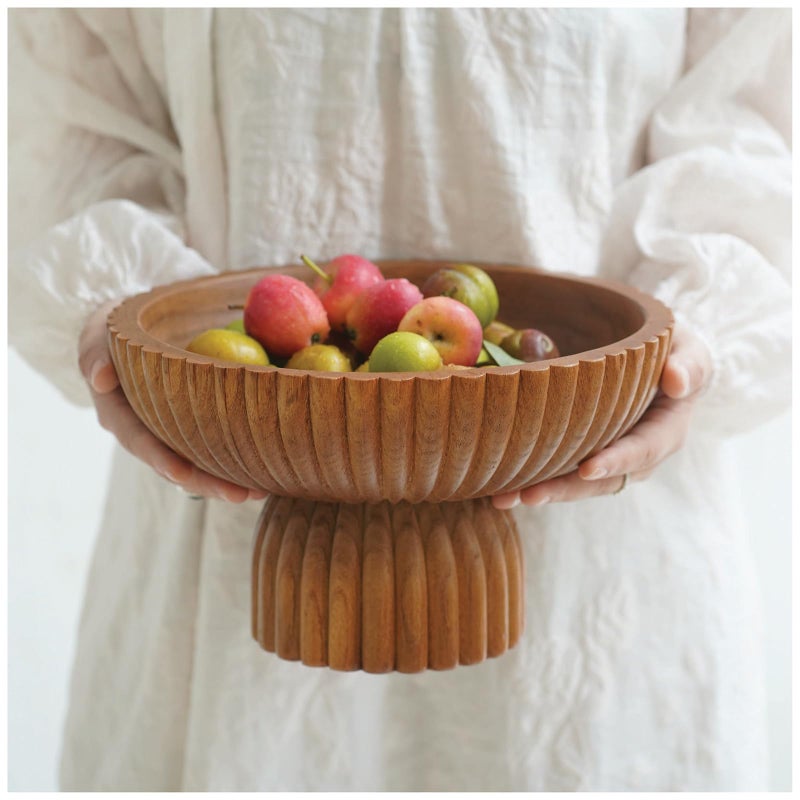ChagoArt Wooden Fruit Bowl for Kitchen Counter- Large Decorative Bowl for Home Decor Entry Table-Ruffle Fluted Bowl-Scallopedl-Organic Modern Home Decor-Pedestal Footed (Wood Brown) - Image 1