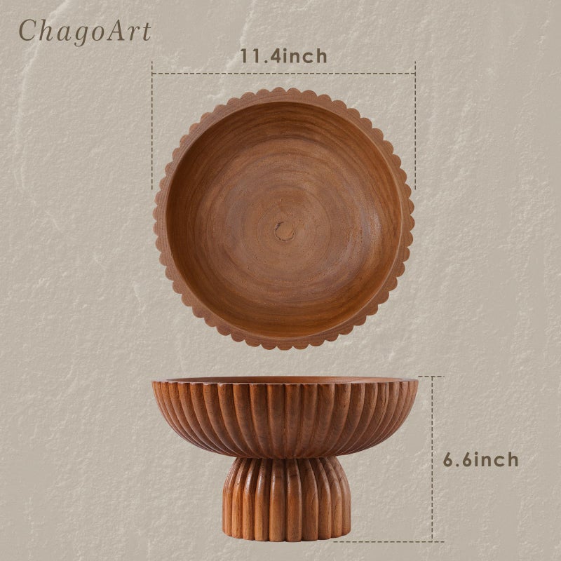 ChagoArt Wooden Fruit Bowl for Kitchen Counter- Large Decorative Bowl for Home Decor Entry Table-Ruffle Fluted Bowl-Scallopedl-Organic Modern Home Decor-Pedestal Footed (Wood Brown) - Image 2