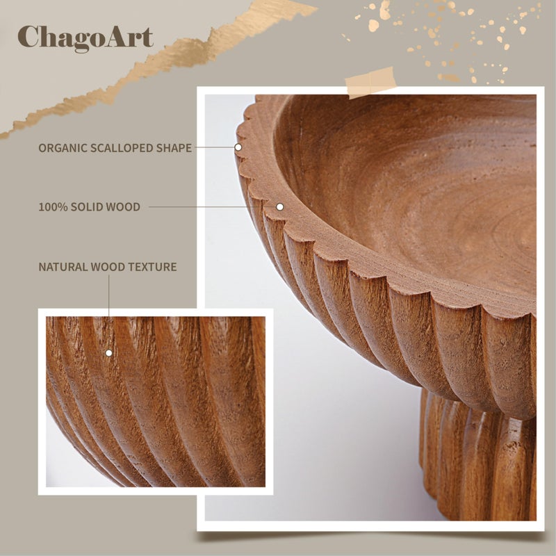 ChagoArt Wooden Fruit Bowl for Kitchen Counter- Large Decorative Bowl for Home Decor Entry Table-Ruffle Fluted Bowl-Scallopedl-Organic Modern Home Decor-Pedestal Footed (Wood Brown) - Image 5