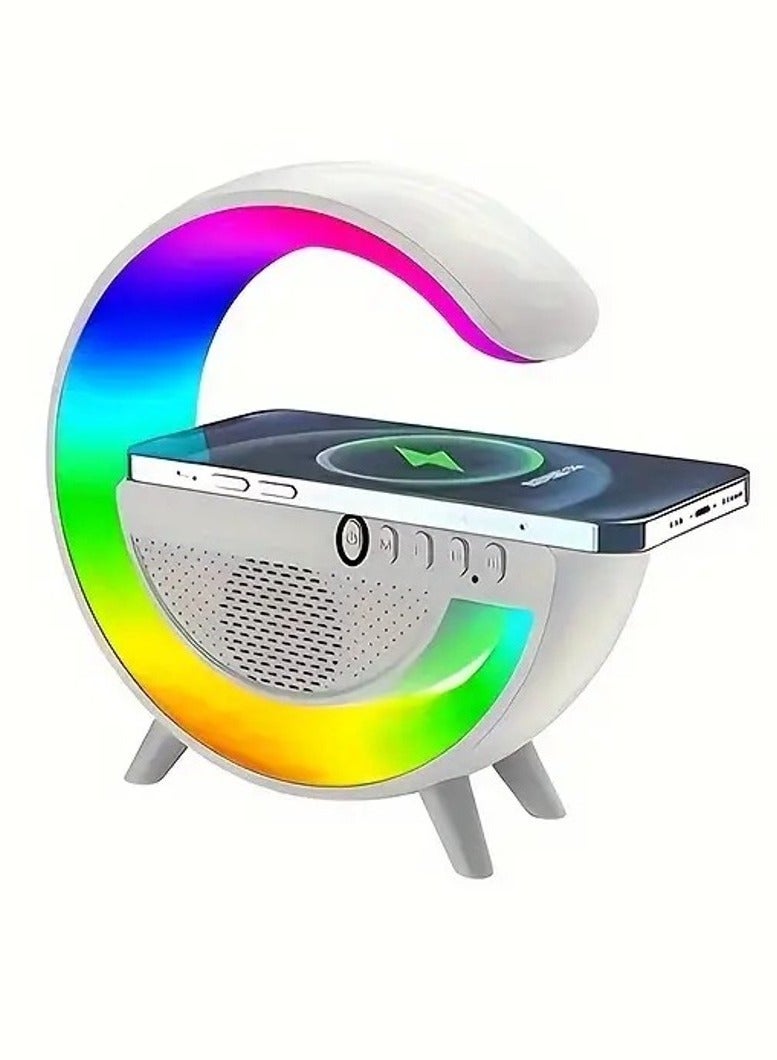 مكبر صوت لاسلكي صغير لسطح المكتب، شاحن لاسلكي، مصباح جو، شكل G، تضيء الموسيقى، سطح المكتب اللاسلكي، الهاتف المحمول، شحن لاسلكي 10 وات، شحن سريع، إضاءة محيطة ملونة، مكبر صوت محيطي - Image 1