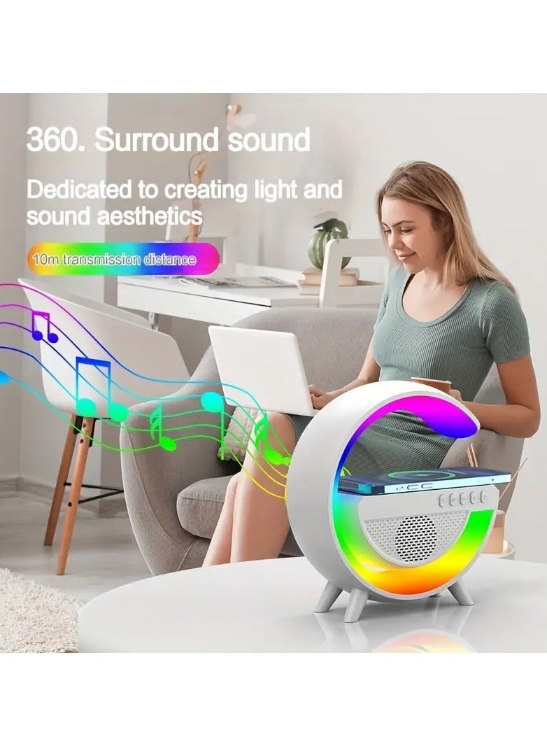 مكبر صوت لاسلكي صغير لسطح المكتب، شاحن لاسلكي، مصباح جو، شكل G، تضيء الموسيقى، سطح المكتب اللاسلكي، الهاتف المحمول، شحن لاسلكي 10 وات، شحن سريع، إضاءة محيطة ملونة، مكبر صوت محيطي - Image 3