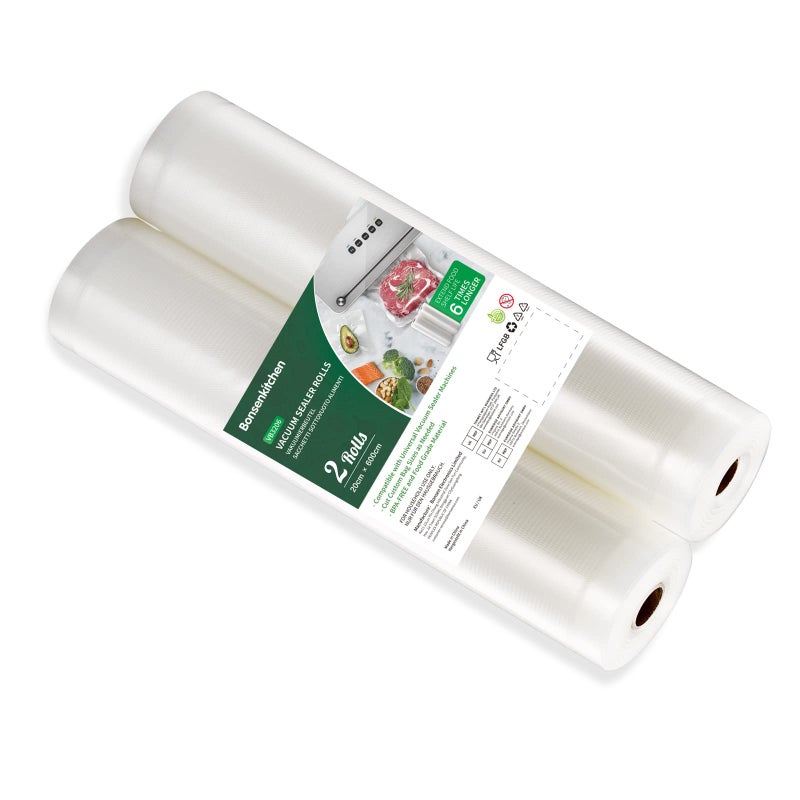 Bonsenkitchen Vacuum Food Sealer Rolls Bags 2 Packs 20 cm x 6 m Storage Bags BPA Free Heavy Duty Commercial Customized Size for Food Storage and Sous Vide Cooking VB3206