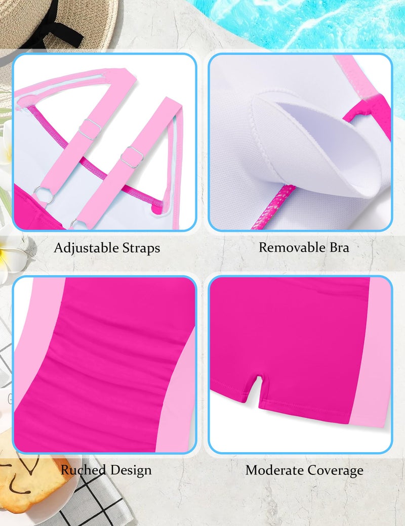 TyeSmo Girls Swimsuit Size 10-12 One Piece Swimsuits Color Block Girls Bathing Suits Size 10-12 Ruched Swimsuits for Girl 10 12 Tween Bathing Suits for Girl 10 12 Swimwear with Padded Pink - Image 5