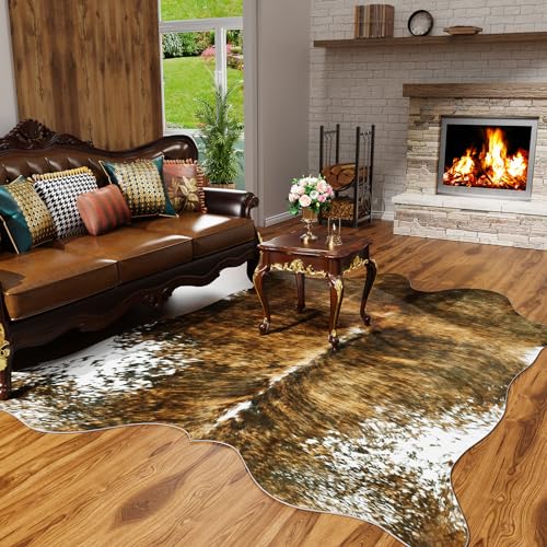 AROGAN Premium Faux Cowhide Rug 4.6 x 5.2 Feet, Sturdy and Large Size Cow Print Rugs, Suitable for Bedroom Living Room Western Decor, Faux Fur Animal Cow Hide Carpet, Saddle Brown - Image 1