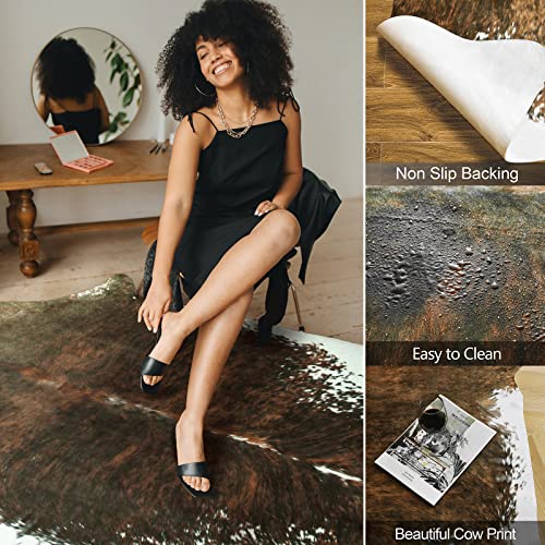 AROGAN Premium Faux Cowhide Rug 4.6 x 5.2 Feet, Sturdy and Large Size Cow Print Rugs, Suitable for Bedroom Living Room Western Decor, Faux Fur Animal Cow Hide Carpet, Saddle Brown - Image 3