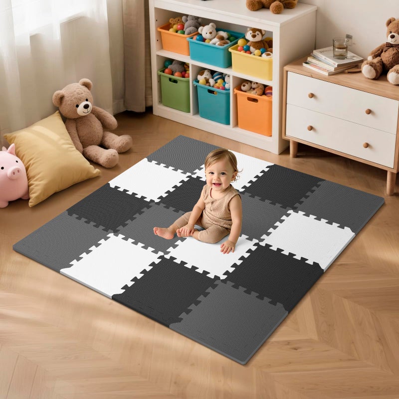 PIGLOG 16 Tiles Baby Play Mat for Floor, EVA Foam Baby Floor Play Mat with 0.6 Inch Thick Interlocking Foam Tiles, Foam Floor Tiles for Baby, Toddlers and Kids (Gray-White- Black, 16PCS) - Image 1
