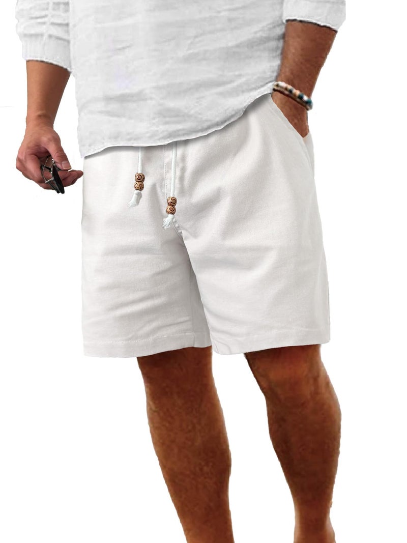 Comdecevis Men's Casual Linen Shorts Elastic Waist Drawstring Summer Beach Shorts White Large - Image 1