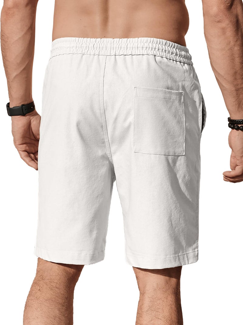 Comdecevis Men's Casual Linen Shorts Elastic Waist Drawstring Summer Beach Shorts White Large - Image 2
