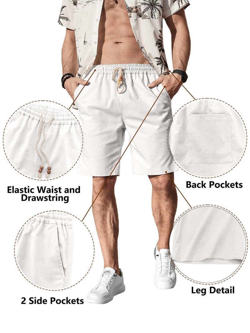 Comdecevis Men's Casual Linen Shorts Elastic Waist Drawstring Summer Beach Shorts White Large - Image 4