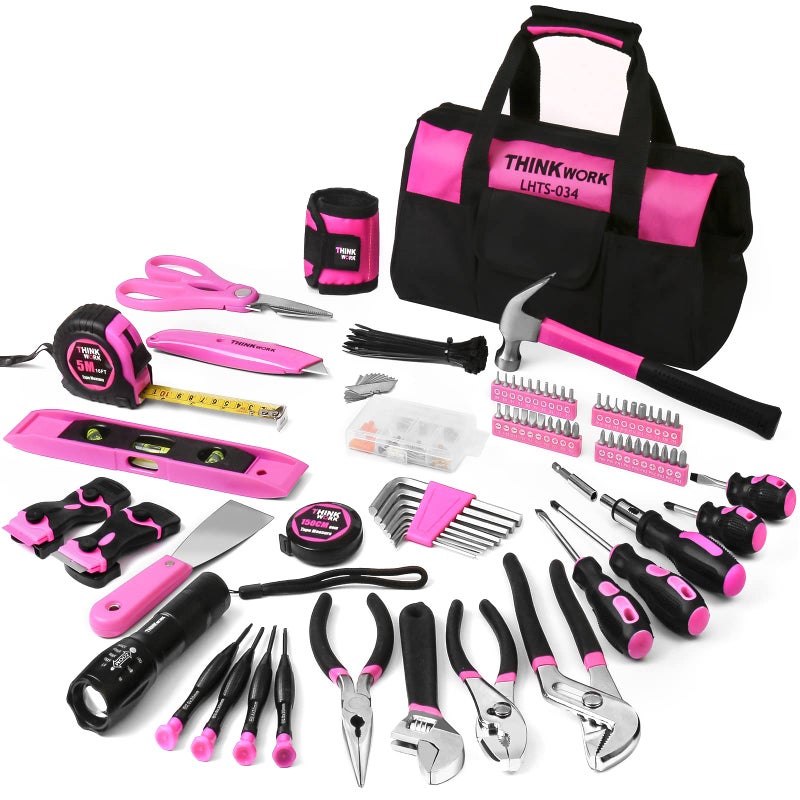 THINKWORK Pink Tool Set - 207 Piece Lady's Portable Home Repairing Tool Kit with 13'' Wide Mouth Open Storage Tool Bag, Perfect for DIY, Home Maintenance - Christmas Gift for Women, LHTS-034 - Image 1