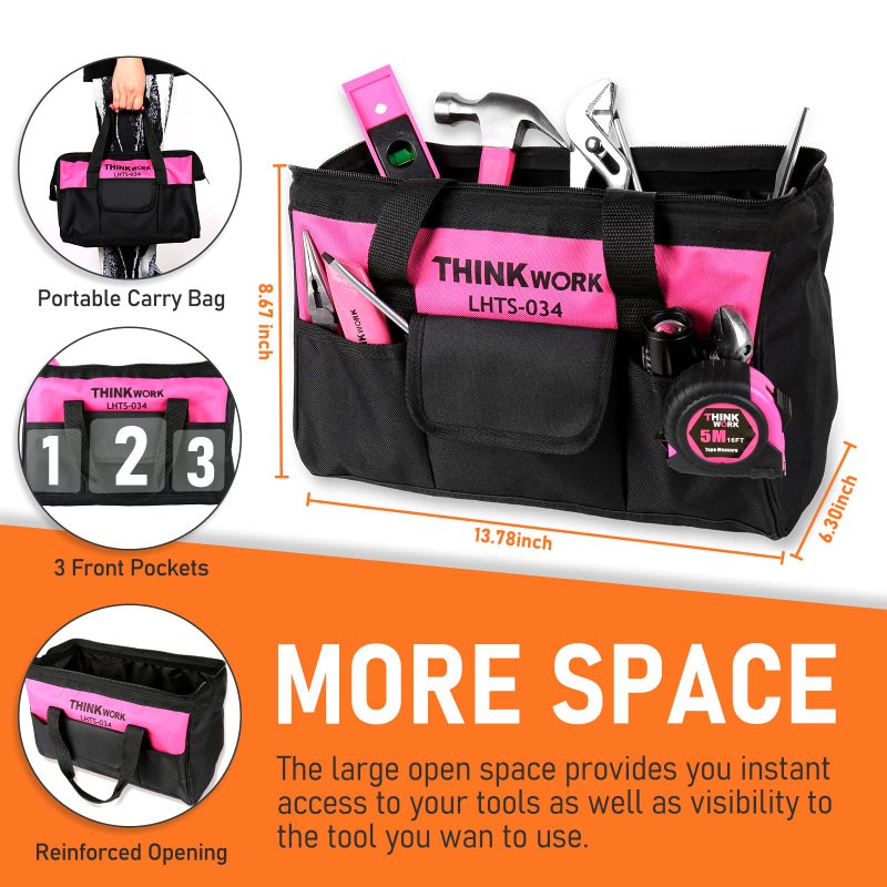 THINKWORK Pink Tool Set - 207 Piece Lady's Portable Home Repairing Tool Kit with 13'' Wide Mouth Open Storage Tool Bag, Perfect for DIY, Home Maintenance - Christmas Gift for Women, LHTS-034 - Image 3