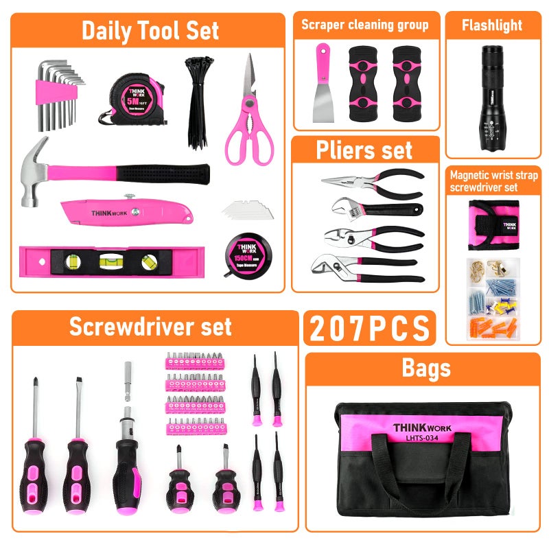 THINKWORK Pink Tool Set - 207 Piece Lady's Portable Home Repairing Tool Kit with 13'' Wide Mouth Open Storage Tool Bag, Perfect for DIY, Home Maintenance - Christmas Gift for Women, LHTS-034 - Image 2