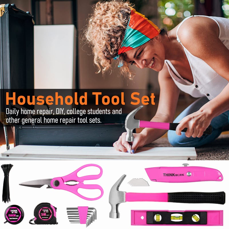 THINKWORK Pink Tool Set - 207 Piece Lady's Portable Home Repairing Tool Kit with 13'' Wide Mouth Open Storage Tool Bag, Perfect for DIY, Home Maintenance - Christmas Gift for Women, LHTS-034 - Image 4