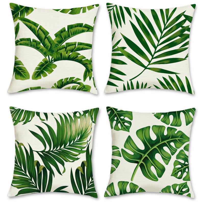 Bonhause Tropical Leaves Throw Pillow Covers 16x16 Set of 4 Green Palm Leaf Decorative Pillow Cases Polyester Linen Outdoor Cushion Covers for Sofa Couch Garden Home Decor