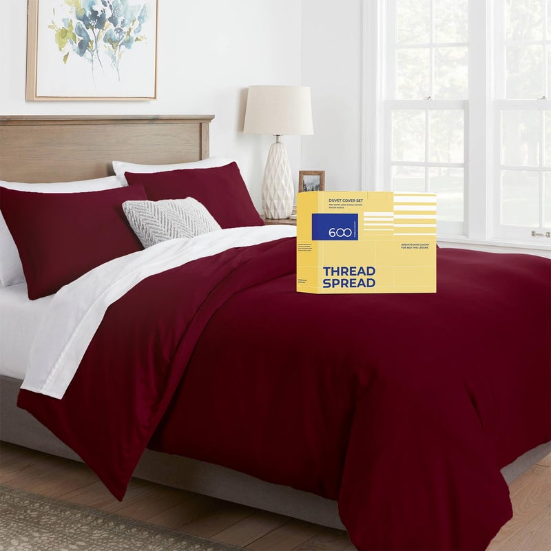 THREAD SPREAD KingCal King Duvet Cover 600 Thread Count Sateen 3Pc Egyptian Cotton Duvet Cover Set 100 Pure Cotton Comforter Cover 2 Pillowshams Zipper Closure 7 Corner Ties Burgundy