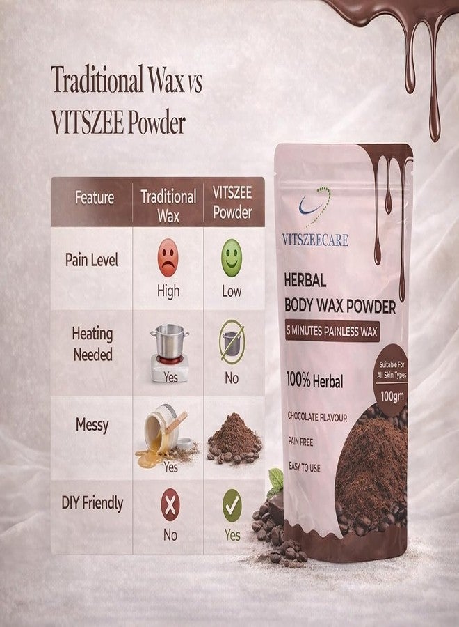 VITSZEECARE Herbal Body Wax Powder 100g Chocolate Flavoured | Painless 5 Minute Hair Removal for Women & Men | Easy Home Waxing for Face, Arms, Legs & Underarms | Suitable for All Skin Types - Image 4