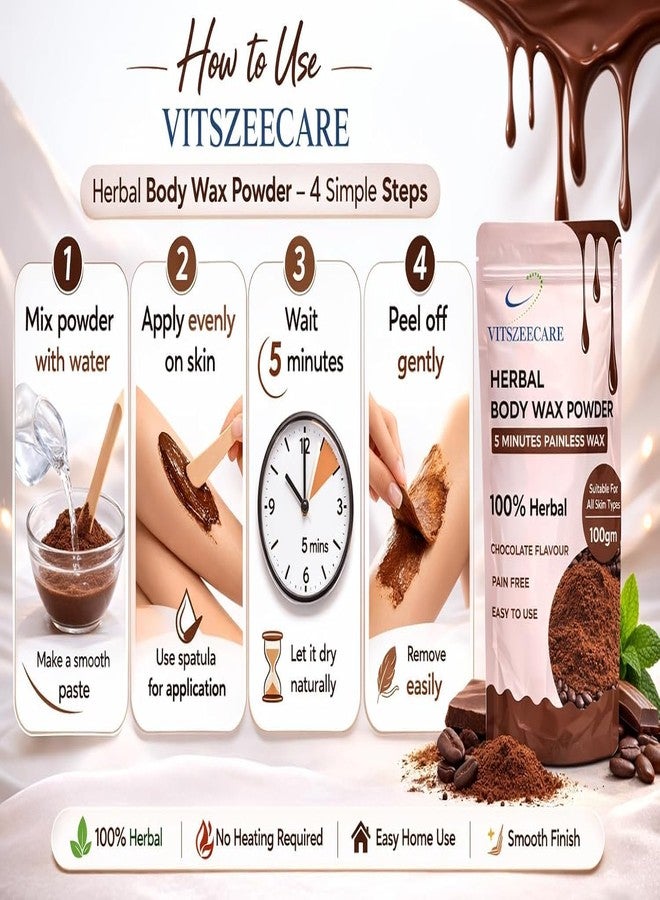 VITSZEECARE Herbal Body Wax Powder 100g Chocolate Flavoured | Painless 5 Minute Hair Removal for Women & Men | Easy Home Waxing for Face, Arms, Legs & Underarms | Suitable for All Skin Types - Image 3