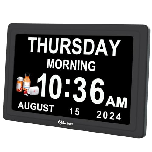 Soobest Digital Dementia Alarm Clock for Seniors Elderly, Electric Large Display Date Day of Week Time Calendar Clock 20 Reminders 3 Ringtones for Memory Loss Alzheimers, Auto DST/Dimmer, 1024*600P HD - Image 1