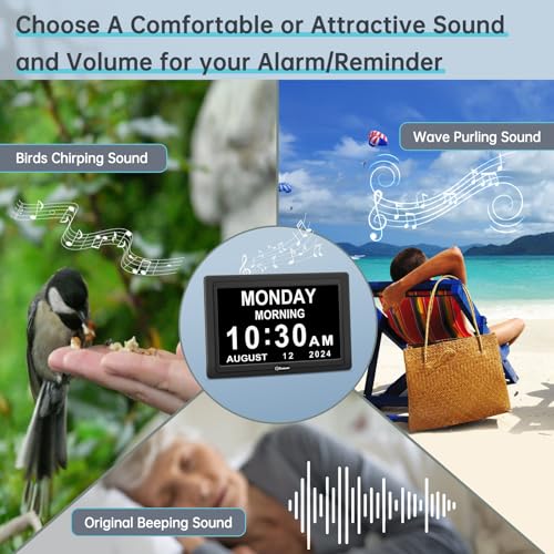 Soobest Digital Dementia Alarm Clock for Seniors Elderly, Electric Large Display Date Day of Week Time Calendar Clock 20 Reminders 3 Ringtones for Memory Loss Alzheimers, Auto DST/Dimmer, 1024*600P HD - Image 4