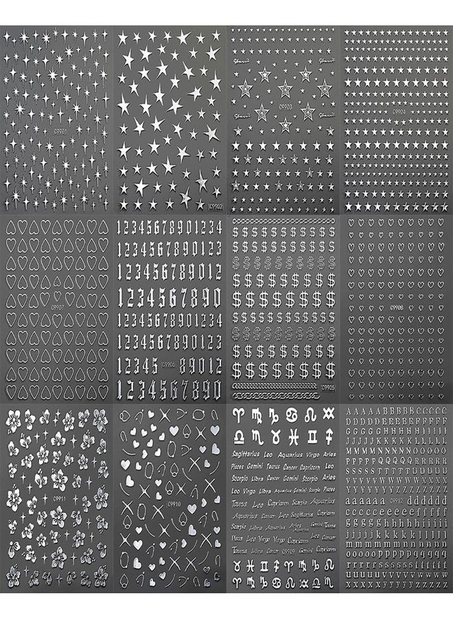 BYJKYEN Star Letters Heart Flower Nail Art Stickers Nail Decals 3D Self-Adhesive Silver Star Letters Heart Flower Nail Art Design Sticker for Women Girls Nail Decoration Accessories Kit 12 Sheets - Image 2