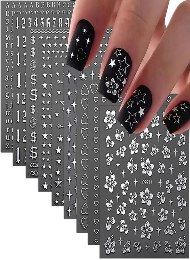 BYJKYEN Star Letters Heart Flower Nail Art Stickers Nail Decals 3D Self-Adhesive Silver Star Letters Heart Flower Nail Art Design Sticker for Women Girls Nail Decoration Accessories Kit 12 Sheets - Image 1