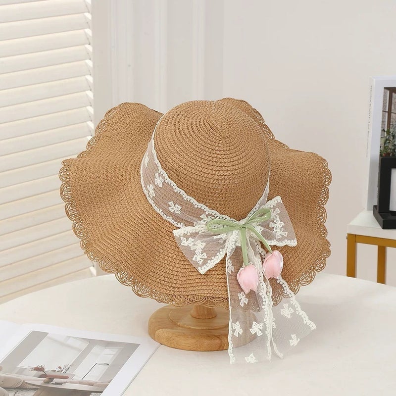Tulip Lace Straw Hat with Bow and Flower for Summer Beach Sun Protection