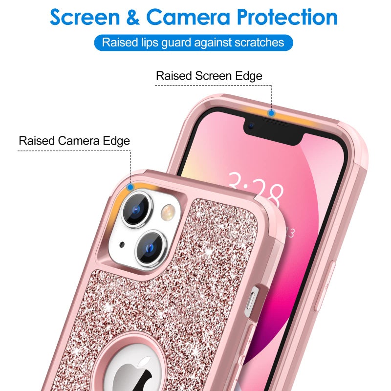Hython Case for iPhone 13 Case Glitter, Cute Sparkly Shiny Bling Sparkle Cover, Heavy Duty 3 in 1 Hybrid Hard PC Soft TPU Bumper Full Body Shockproof Protective Phone Cases for Women Girls, Rose Gold - Image 3