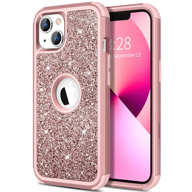 Hython Case for iPhone 13 Case Glitter, Cute Sparkly Shiny Bling Sparkle Cover, Heavy Duty 3 in 1 Hybrid Hard PC Soft TPU Bumper Full Body Shockproof Protective Phone Cases for Women Girls, Rose Gold - Image 1