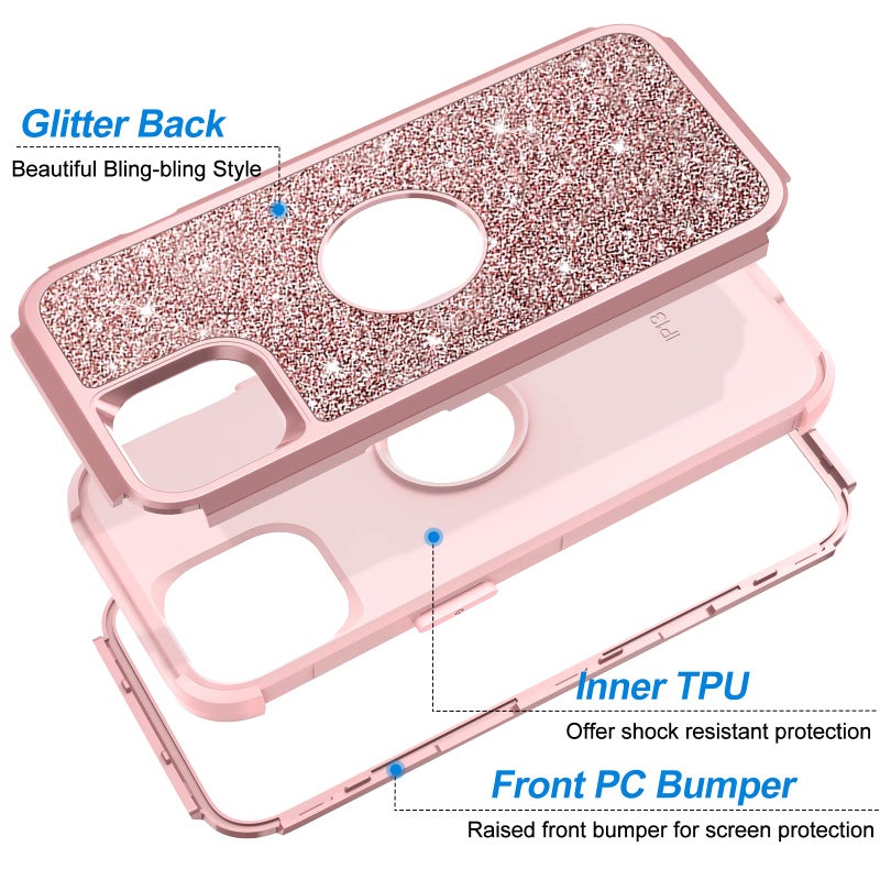 Hython Case for iPhone 13 Case Glitter, Cute Sparkly Shiny Bling Sparkle Cover, Heavy Duty 3 in 1 Hybrid Hard PC Soft TPU Bumper Full Body Shockproof Protective Phone Cases for Women Girls, Rose Gold - Image 4