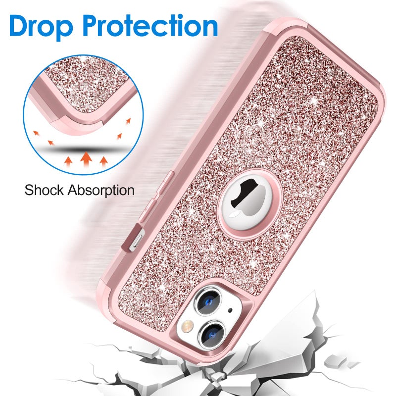 Hython Case for iPhone 13 Case Glitter, Cute Sparkly Shiny Bling Sparkle Cover, Heavy Duty 3 in 1 Hybrid Hard PC Soft TPU Bumper Full Body Shockproof Protective Phone Cases for Women Girls, Rose Gold - Image 2