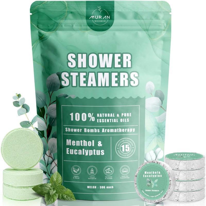 MURAN SHOWER Shower Steamers Aromatherapy 15-Pack Shower Bombs Gifts For Mom Wife  Organic Menthol & Eucalyptus Natural Essential Oil  Unique Birthday Valentines Day Gifts For Her Him Women Daughter Stress Relief - Image 1
