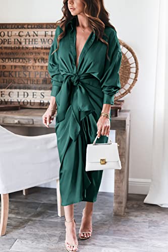 BTFBM Maxi Dresses for Women Fall 2025 Long Sleeve Lapel Neck Button Down Elegant Satin Belted Ruched Summer Shirt Dress(Dark Green, X-Large) - Image 4