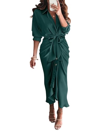 BTFBM Maxi Dresses for Women Fall 2025 Long Sleeve Lapel Neck Button Down Elegant Satin Belted Ruched Summer Shirt Dress(Dark Green, X-Large) - Image 5
