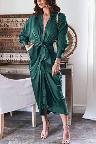 BTFBM Maxi Dresses for Women Fall 2025 Long Sleeve Lapel Neck Button Down Elegant Satin Belted Ruched Summer Shirt Dress(Dark Green, X-Large) - Image 3