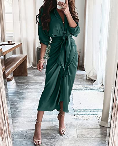 BTFBM Maxi Dresses for Women Fall 2025 Long Sleeve Lapel Neck Button Down Elegant Satin Belted Ruched Summer Shirt Dress(Dark Green, X-Large) - Image 2