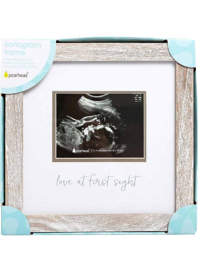Pearhead Love at First Sight Rustic Sonogram Photo Frame, Baby Ultrasound Keepsake Picture Frame, Gender-Neutral Nursery Décor, 4" x 3" Photo Insert, Distressed Wood