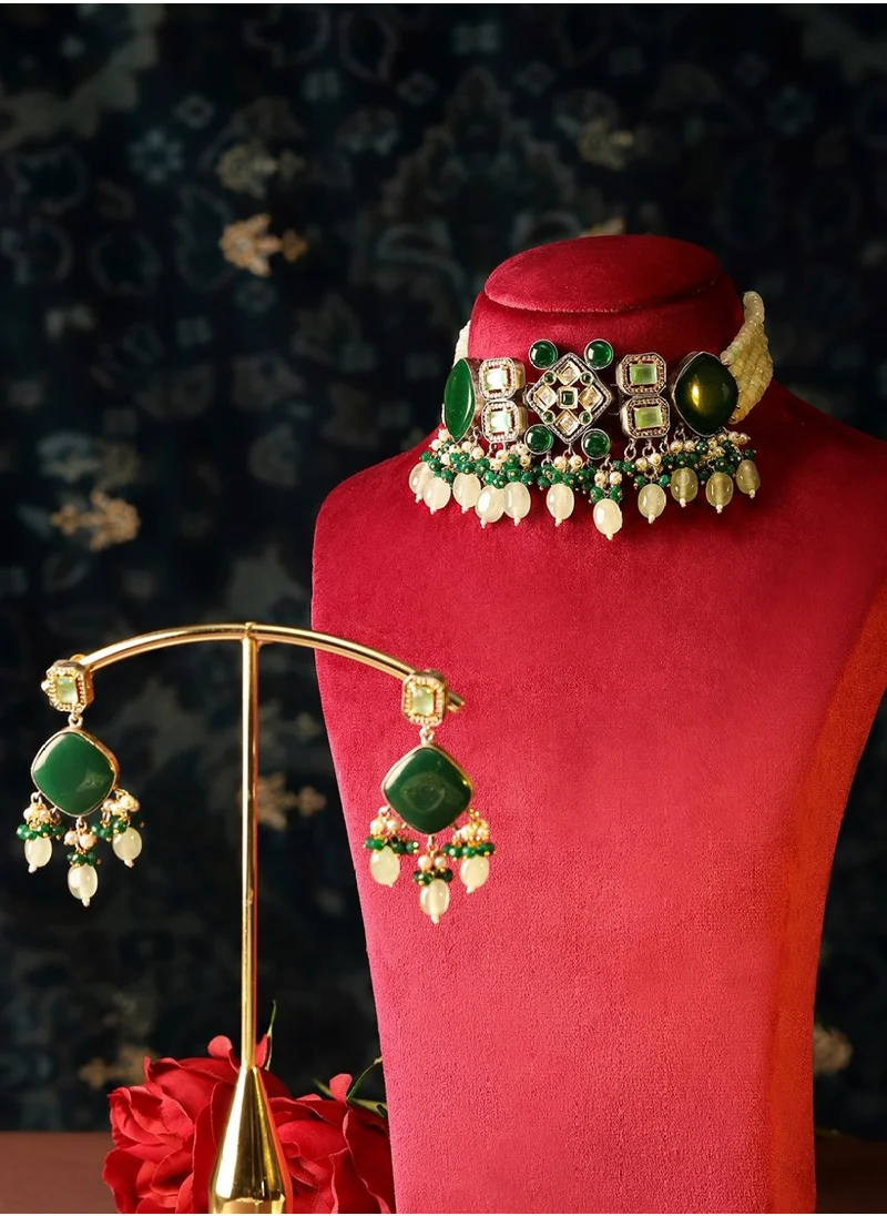 Priyaasi Plated Kundan Studded Geometric Pattern Necklace and Earrings