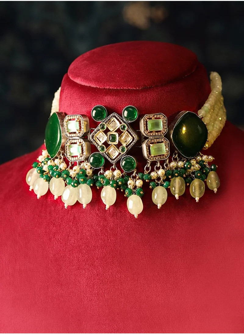 Priyaasi Plated Kundan Studded Geometric Pattern Necklace and Earrings