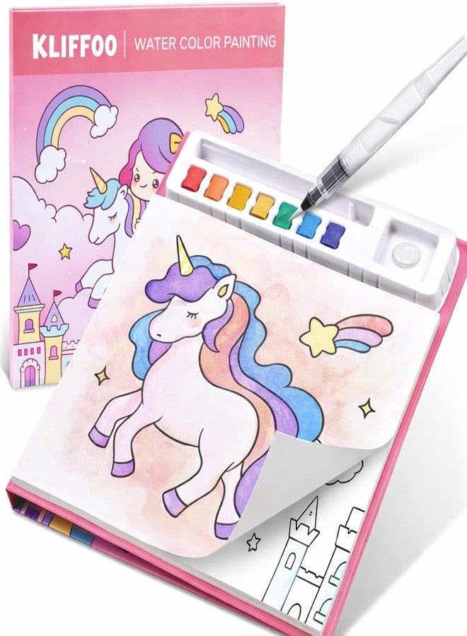 KLIFFOO Watercolor Painting Book for Kids, Coloring Notebook with Water Colorws and Brush, Creative Cartoon Coloring Books, Dip Water to Paint Painting Set for Kids, Boys, Girls, Childrens (Unicorn) - Image 1