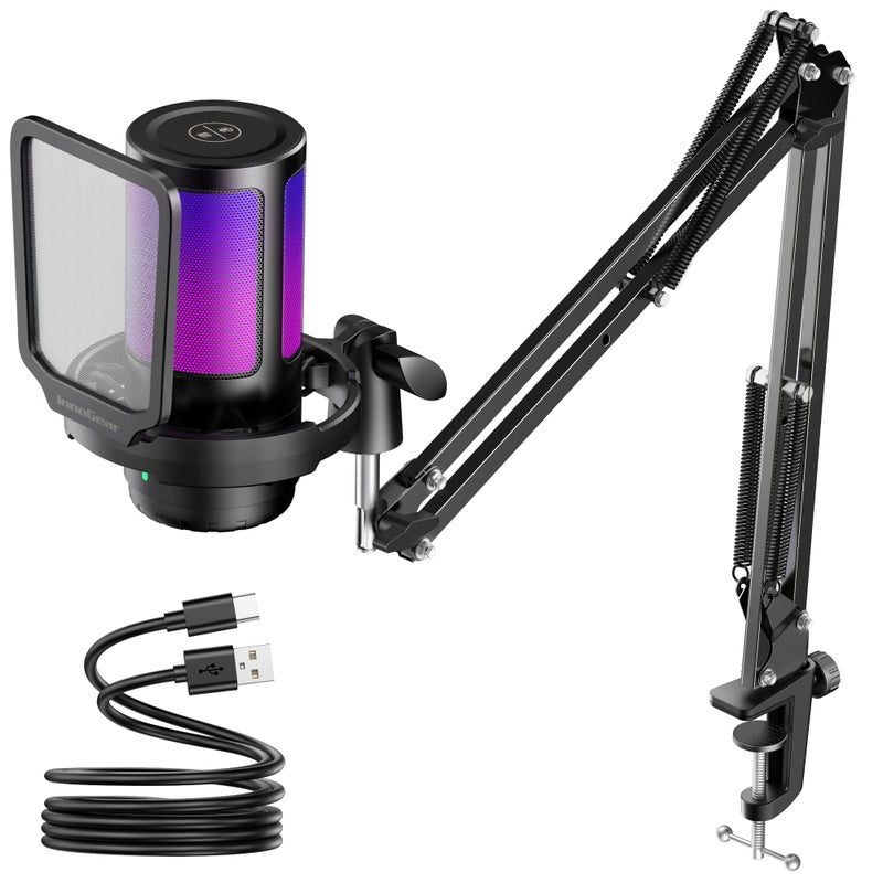 InnoGear Gaming USB Microphone Noise Cancellation Condenser Mic with Mute Gain RGB Indicator Boom Arm Stand for Streaming Podcast Twitch YouTube Discord PC Computer PS4 PS5 Mac Black - Image 2