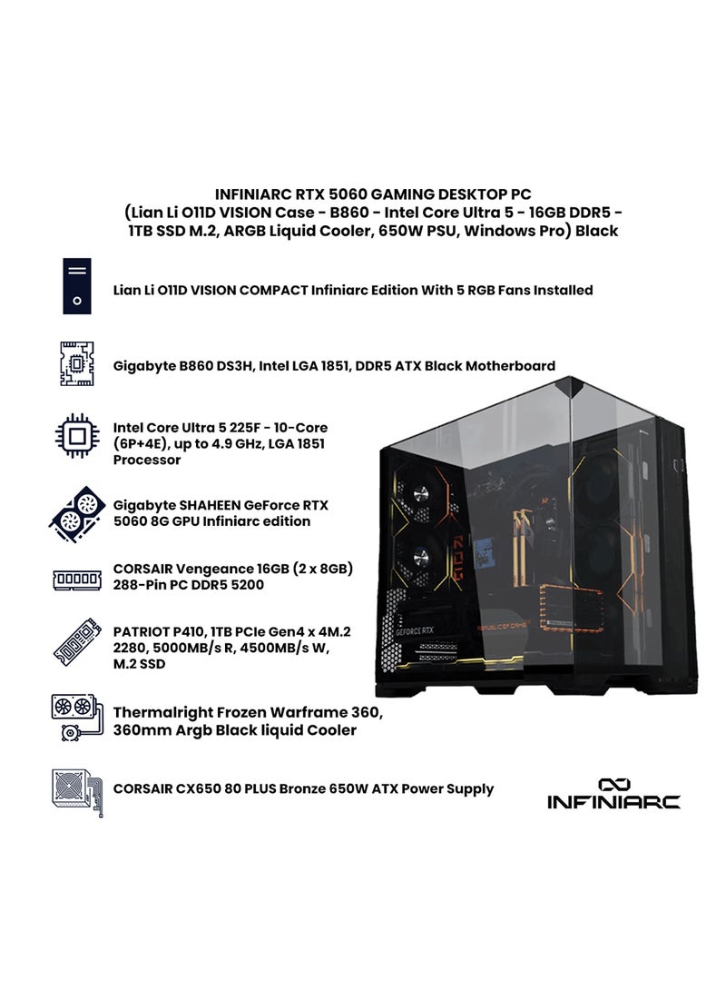 انفني ارك INFINIARC RTX 5060 Gaming Desktop PC (CUBE Case, B860 DS3H Motherboard, RTX 5060 8GB GPU, Intel Core Ultra 5 CPU, 16GB DDR5 RAM, 1TB SSD M.2, Digital ARGB Air Cooler, 650W Bronze PSU, Windows Pro) Black Black - Image 3
