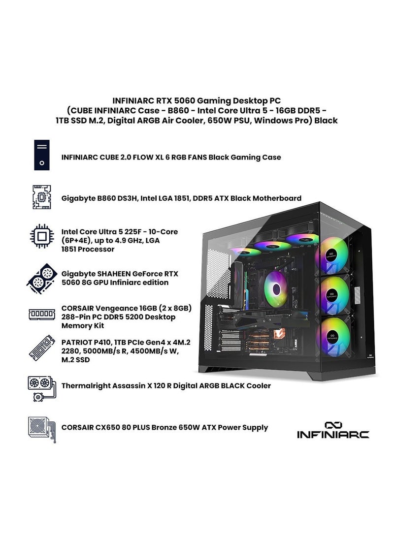 انفني ارك حاسوب ألعاب INFINIARC RTX 5060 المكتبي (هيكل CUBE، لوحة أم B860 DS3H، بطاقة RTX 5060 بسعة 8 جيجابايت، معالج Intel Core Ultra 5، ذاكرة RAM بسعة 16 جيجابايت DDR5، قرص SSD M.2 بسعة 1 تيرابايت، مبرد هواء ARGB الرقمي، مزود طاقة 650 واط برونزي، ويندوز برو) أسود - Image 3