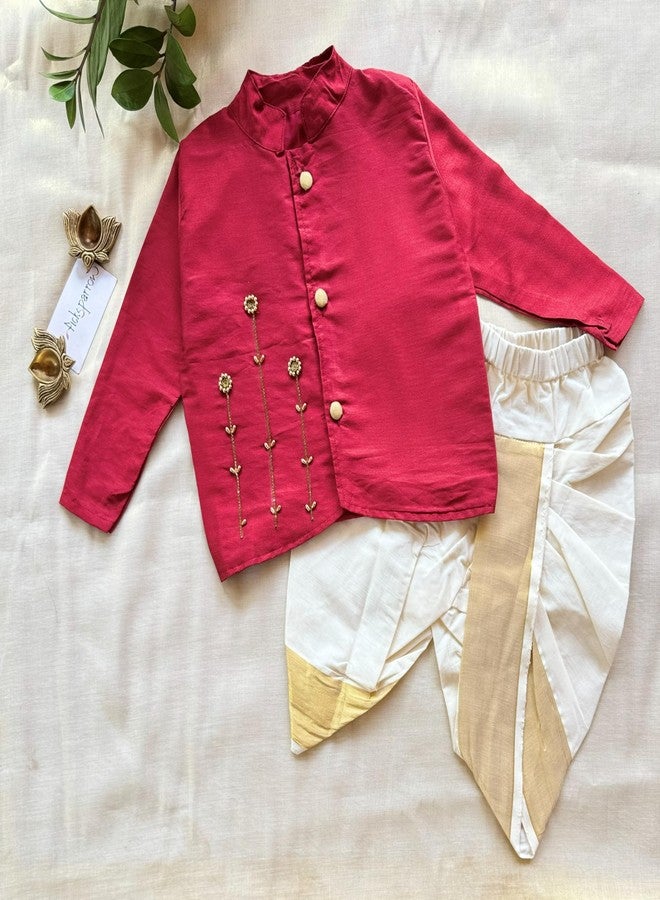 Picksparrow Baby Boys Traditional Cotton Silk Kurta with Kerala Kasavu Dhoti Set, Stone Work Embroidery, Full Sleeve (Maroon, 6-12 Months) - Image 2