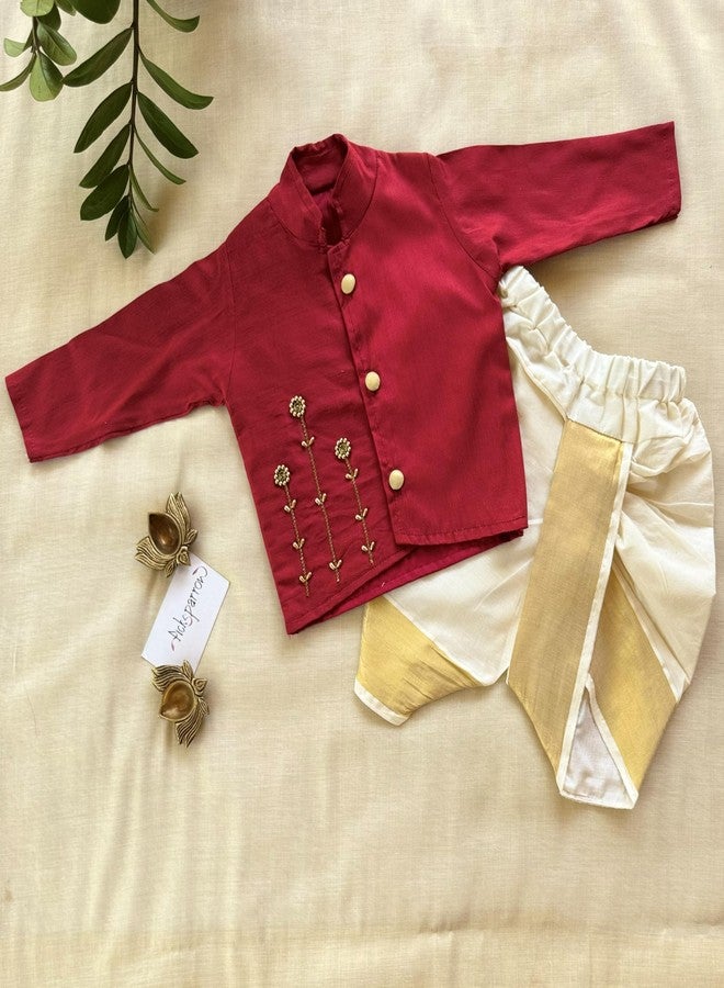 Picksparrow Baby Boys Traditional Cotton Silk Kurta with Kerala Kasavu Dhoti Set, Stone Work Embroidery, Full Sleeve (Maroon, 6-12 Months) - Image 3