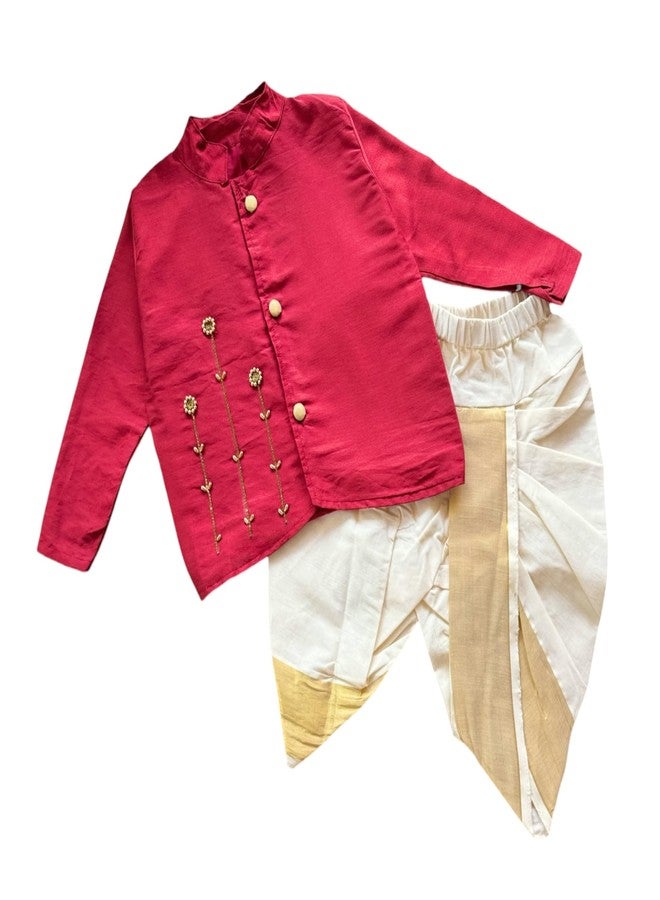 Picksparrow Baby Boys Traditional Cotton Silk Kurta with Kerala Kasavu Dhoti Set, Stone Work Embroidery, Full Sleeve (Maroon, 6-12 Months) - Image 1