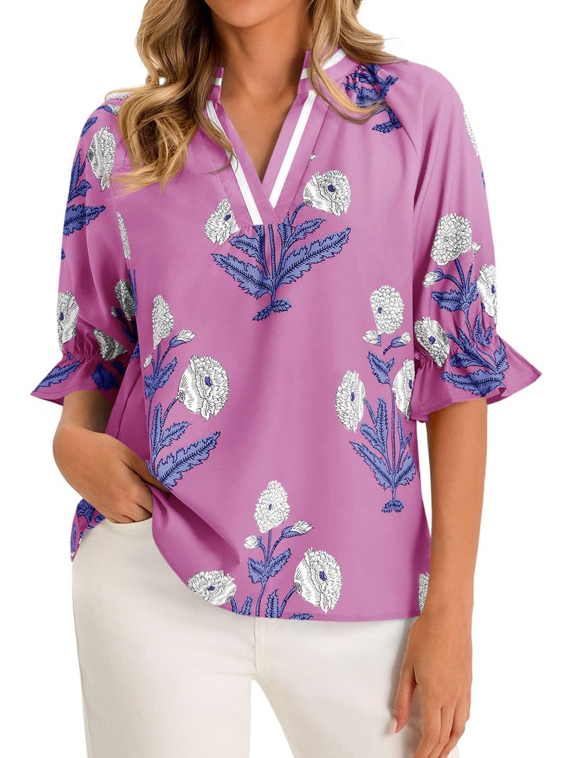 Cicy Bell Womens Boho Floral Blouses Puff Ruffle Sleeve V Neck Summer Shirts Dressy Casual Flowy Blouse Tops Pink - Image 1