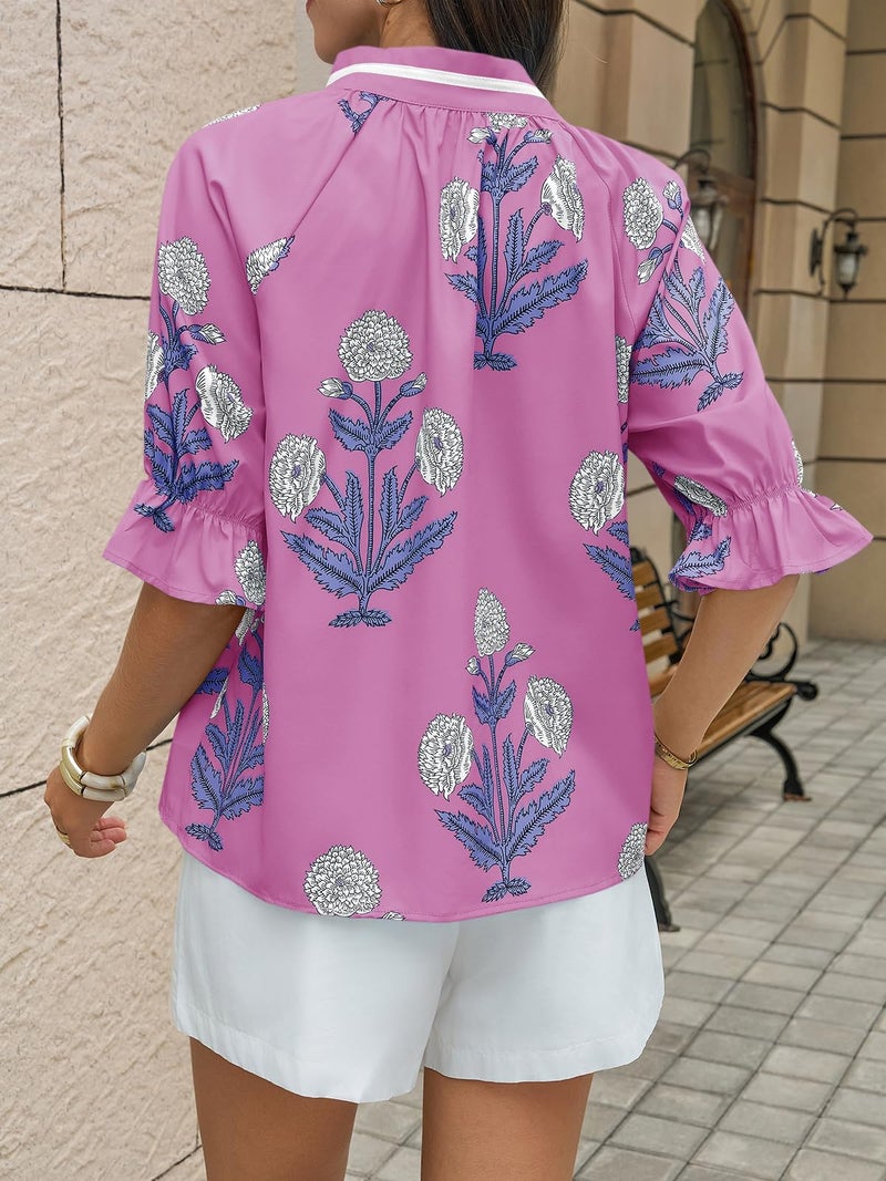 Cicy Bell Womens Boho Floral Blouses Puff Ruffle Sleeve V Neck Summer Shirts Dressy Casual Flowy Blouse Tops Pink - Image 4