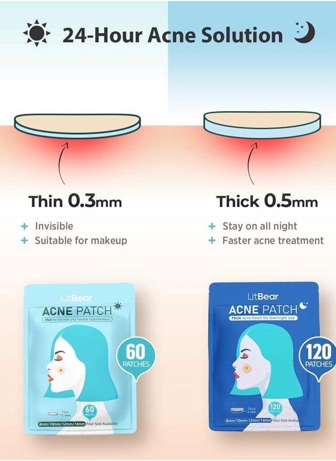 LitBear Acne Pimple Patches- Day and Night 4 Sizes 180 Dots Thin & Thick Hydrocolloid Patches with Witch Hazel, Tea Tree & Calendula Oil, Extra Adhesion for Face Zit Patch Dots  - Image 2