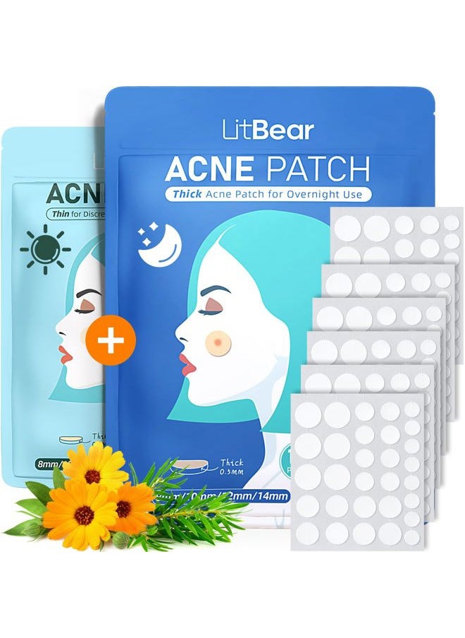 LitBear Acne Pimple Patches- Day and Night 4 Sizes 180 Dots Thin & Thick Hydrocolloid Patches with Witch Hazel, Tea Tree & Calendula Oil, Extra Adhesion for Face Zit Patch Dots  - Image 1